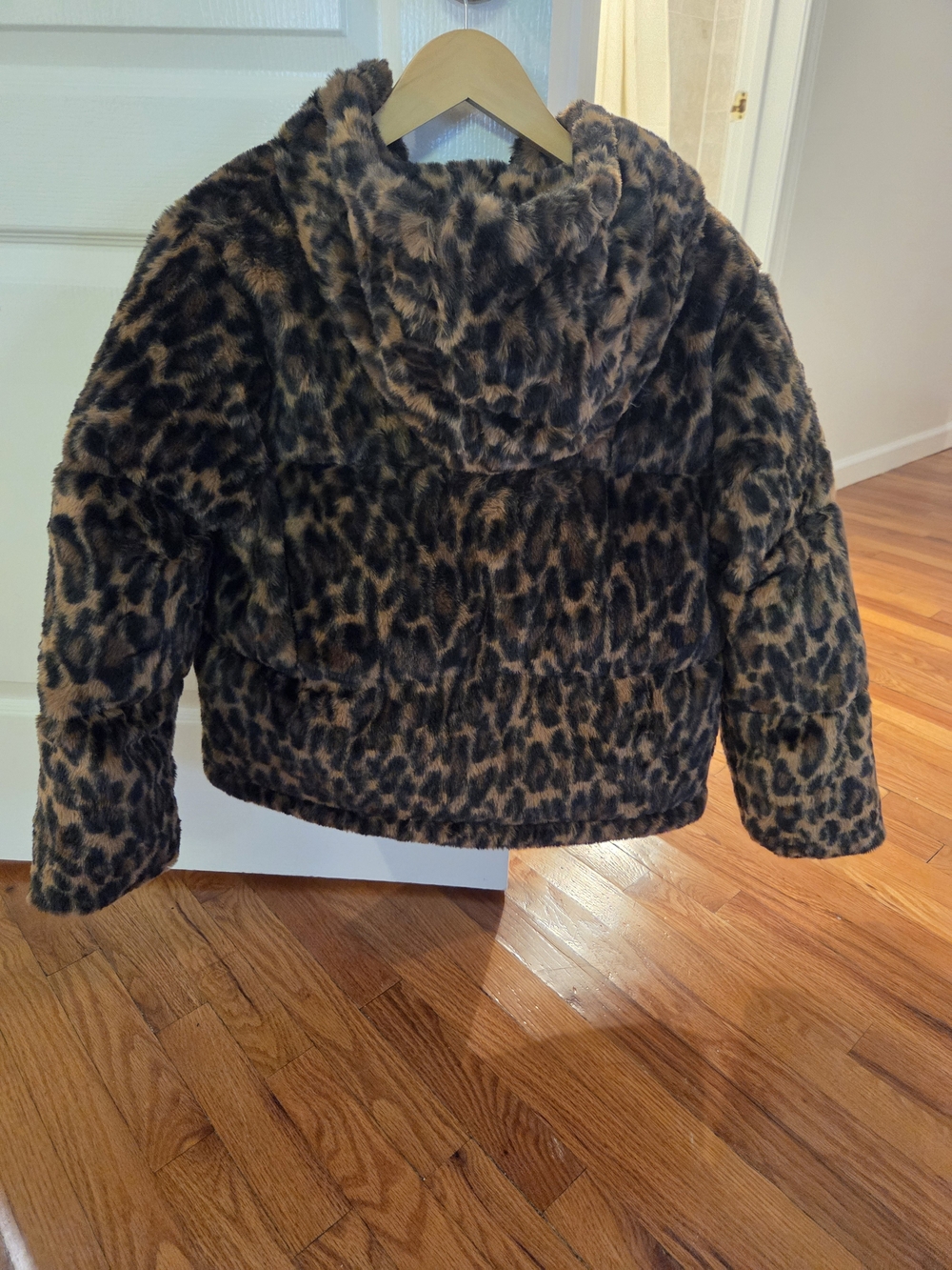 Womens Faux Fur Leopard Print Hooded Jacket- Coat - Brown
